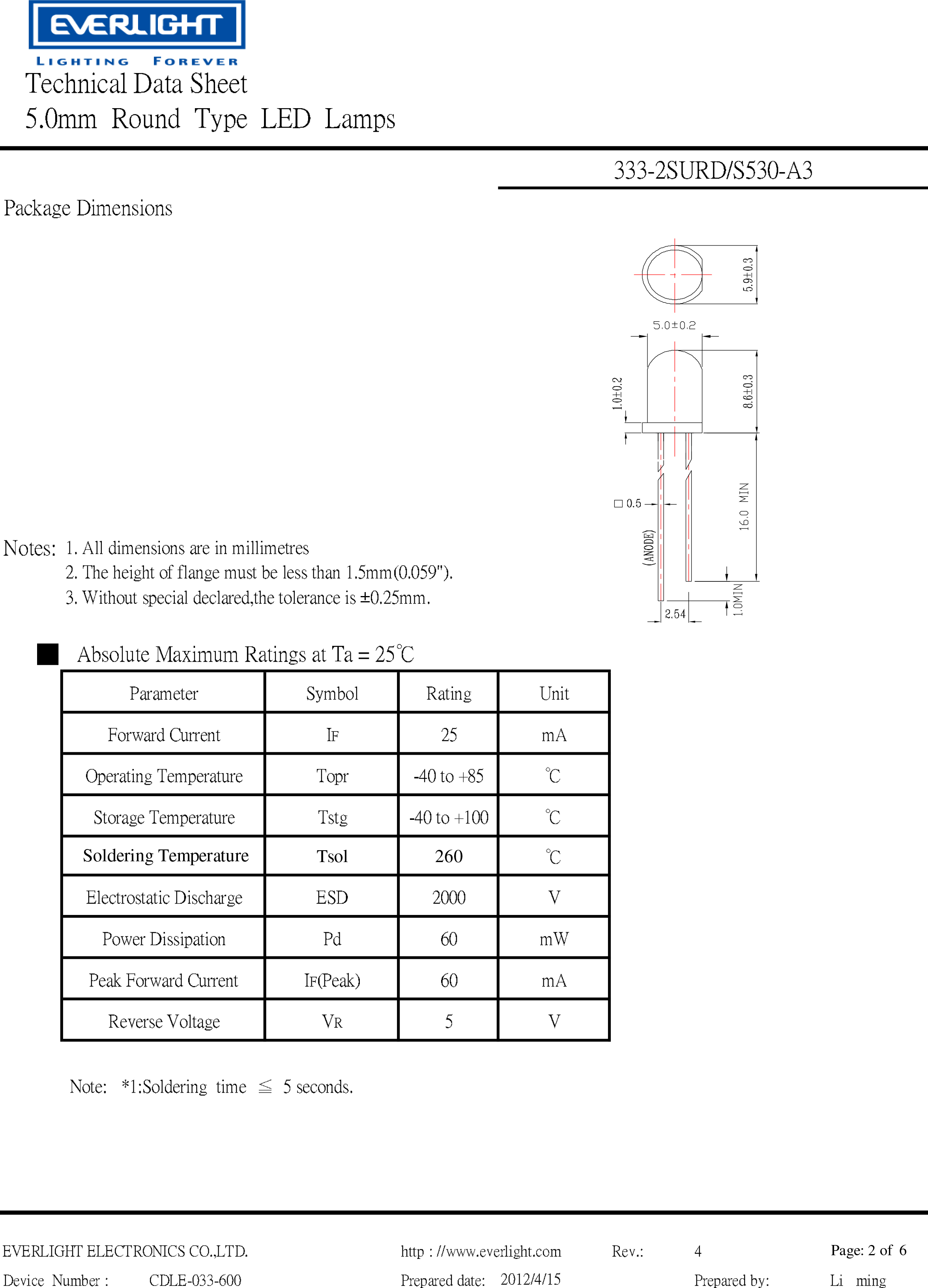 亿光直插5mm发光二级管333-2SURD/S530-A3PDF 数据表