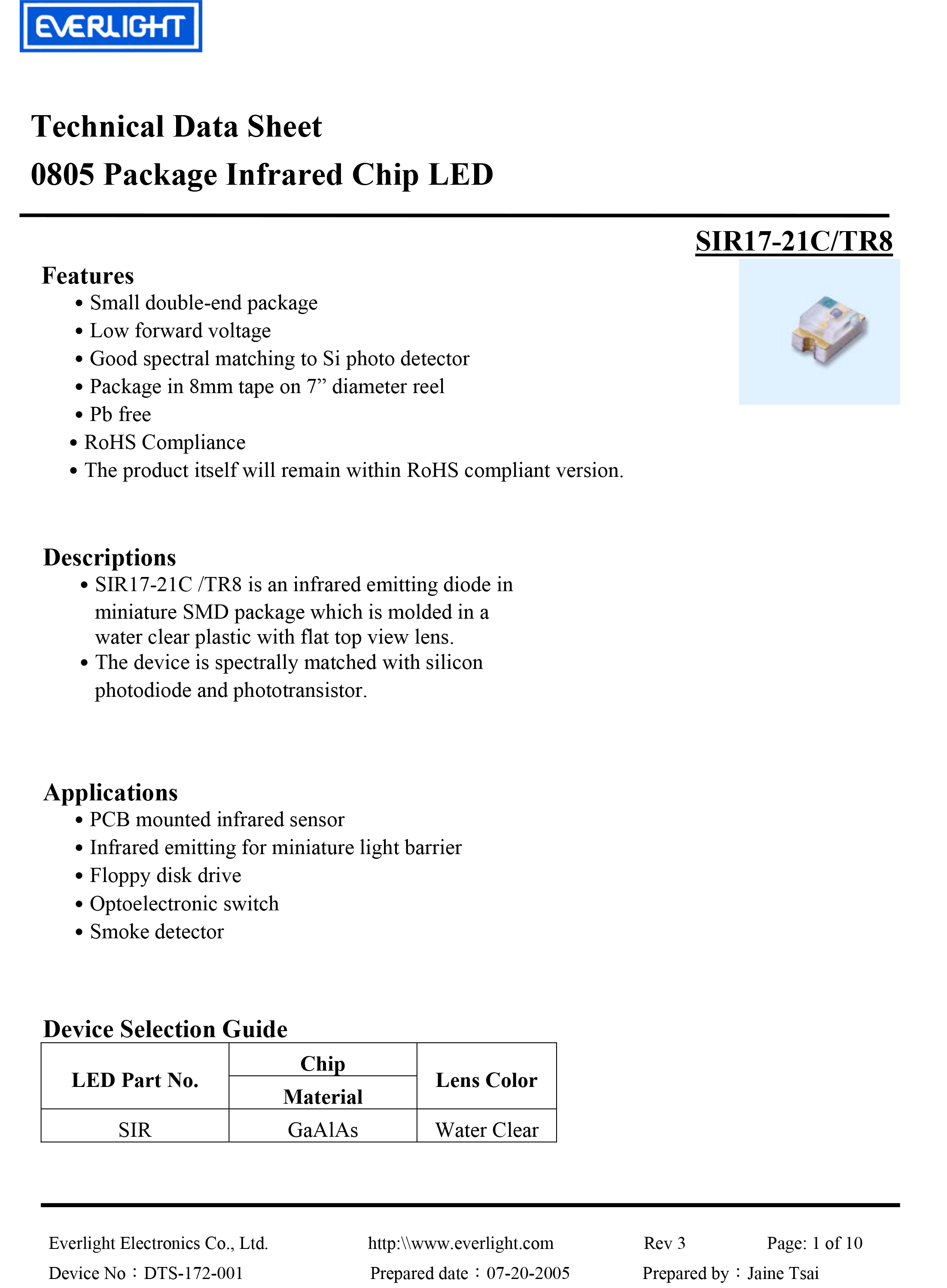 亿光贴片0805红外发射管SIR17-21C/TR8规格书PDF