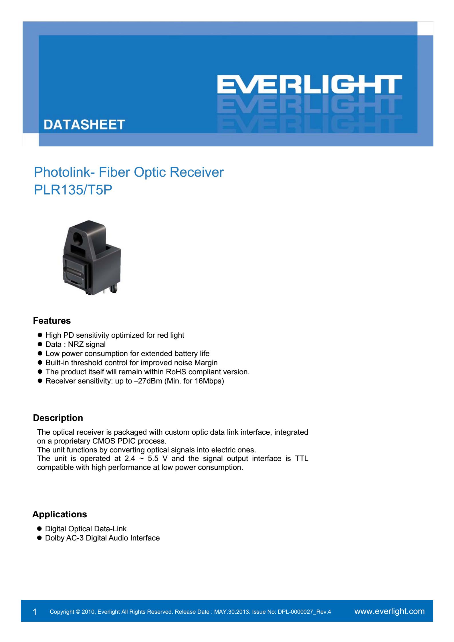 亿光光纤接收器PLR135/T5P传输器参数及规格书(PDF 数据表)