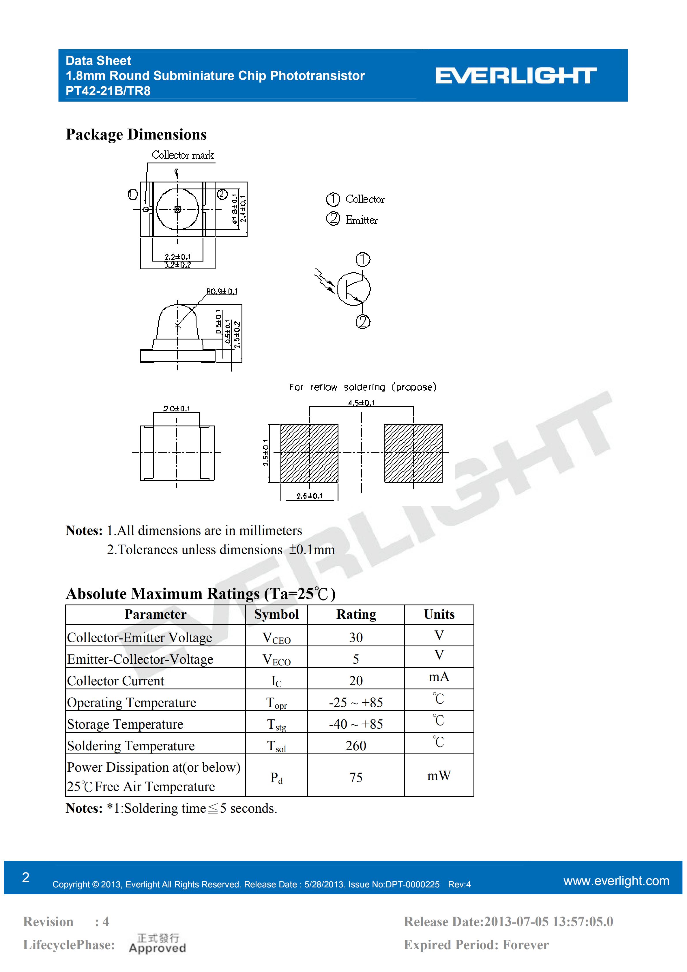 亿光贴片三极管红外接收管PT42-21B/TR8规格书PDF（数据表）