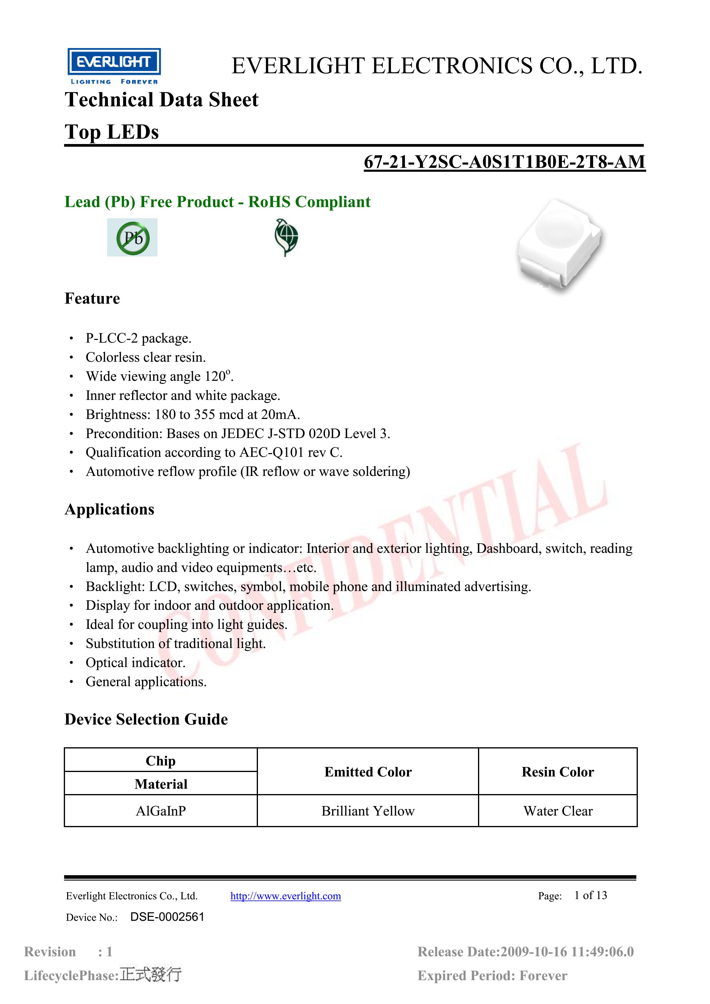 亿光贴片3528汽车专用灯珠67-21-Y2SC-A0S1T1B0E-2T8-AM参数及规格书(PDF 数据表)