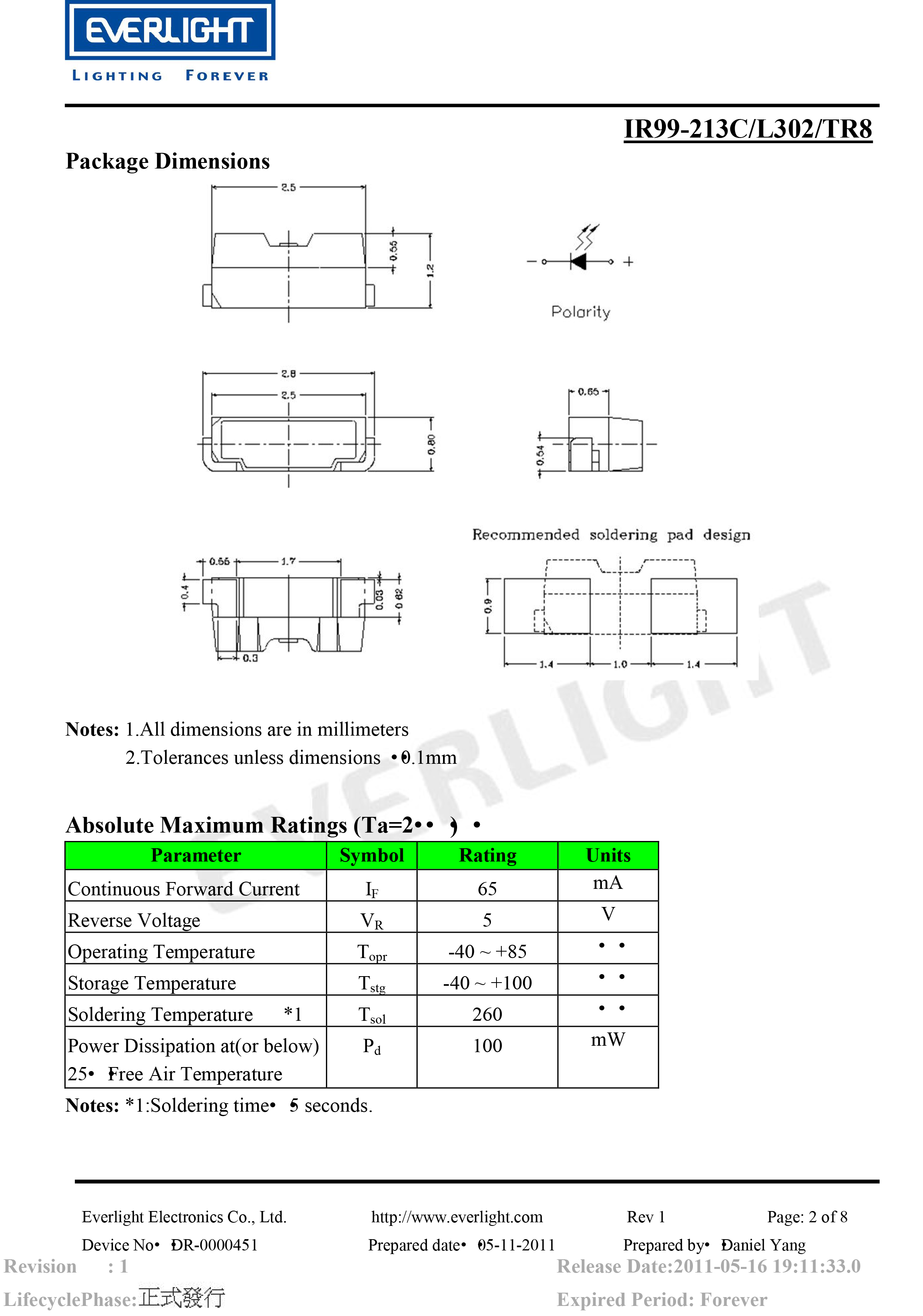 亿光贴片020红外发射管IR99-213C/L302/TR8规格书PDF