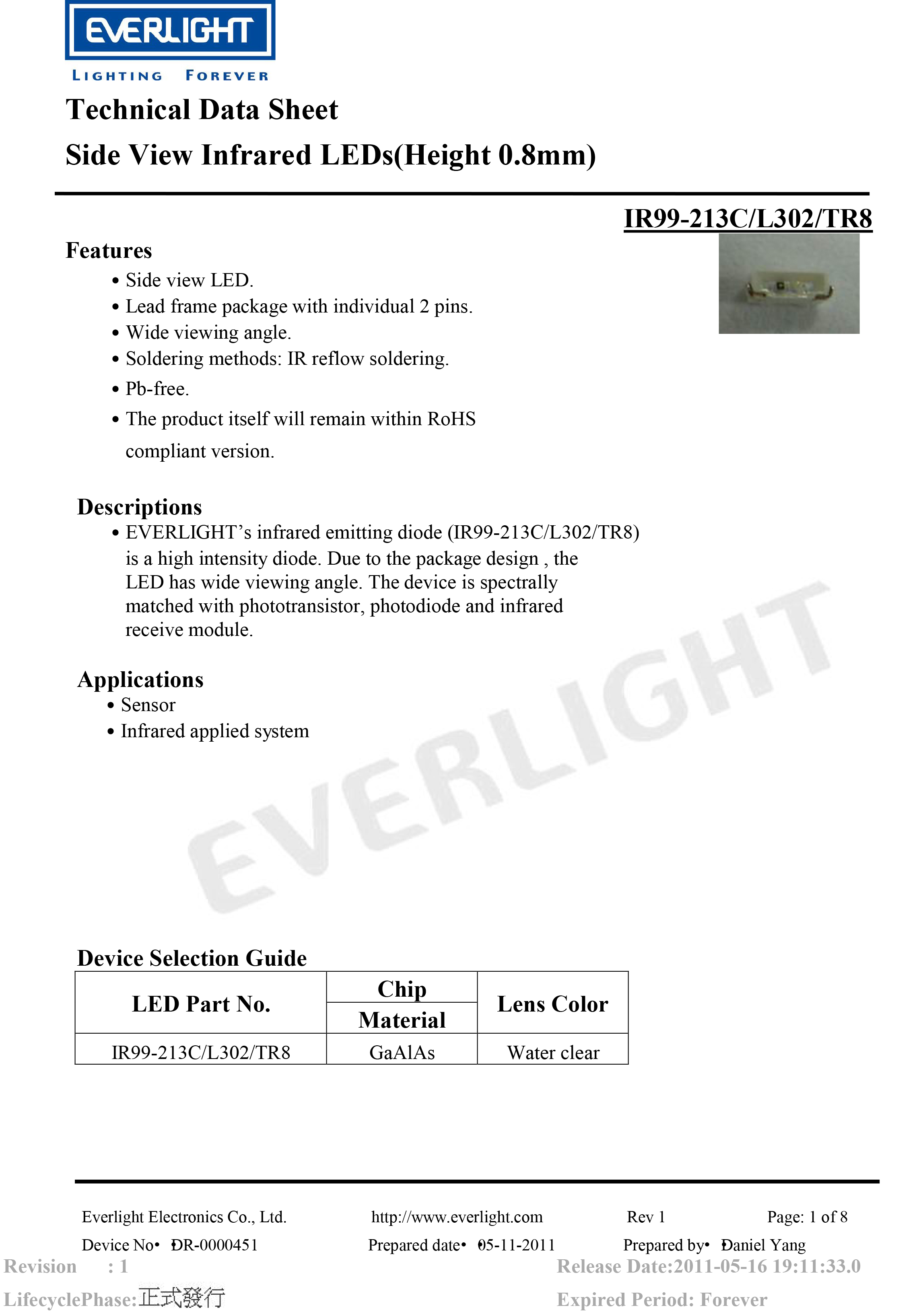 亿光贴片020红外发射管IR99-213C/L302/TR8规格书PDF