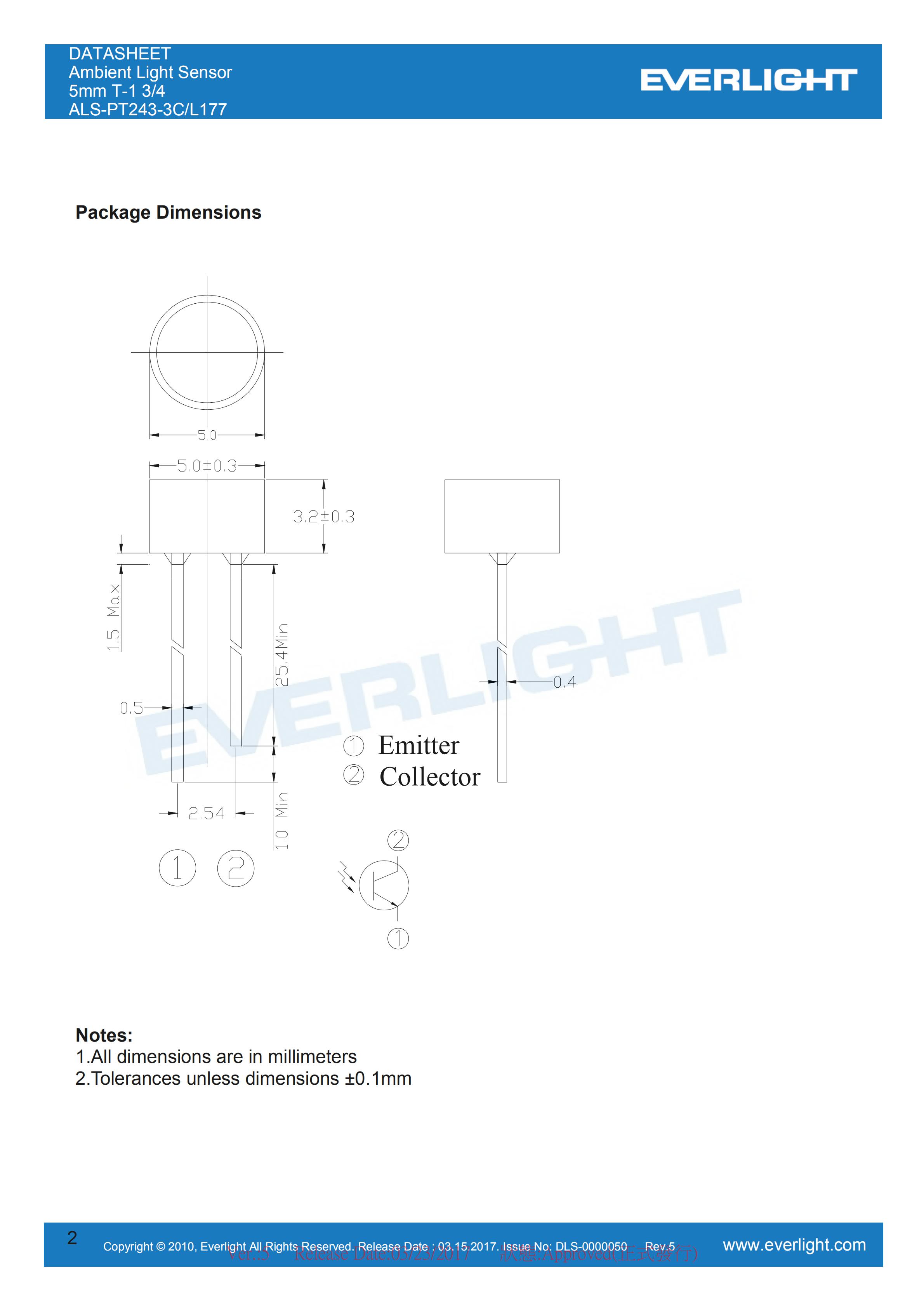 亿光直插环境光传感器ALS-PT243-3C/L177规格书（数据表PDF）