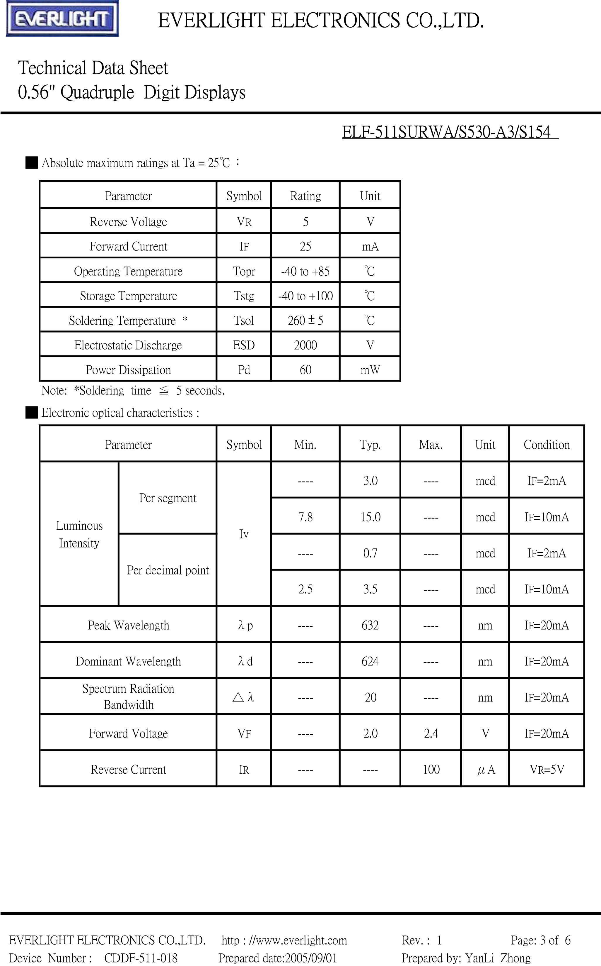 亿光四位直插数码管ELF-511SURWA/S530-A3/S154规格书PDF