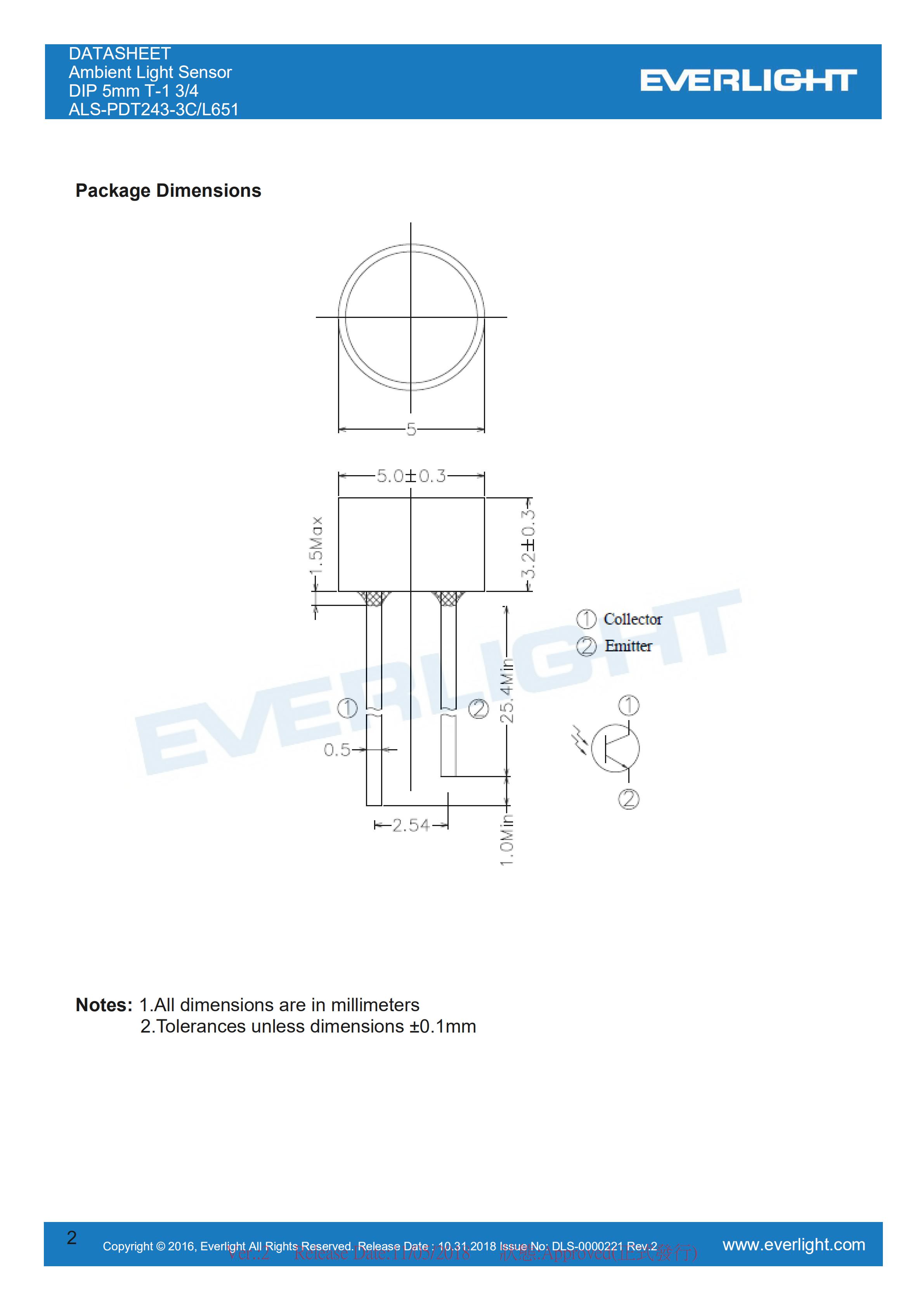 亿光环境光传感ALS-PDT243-3C/L651光学传感器规格书（数据表PDF）