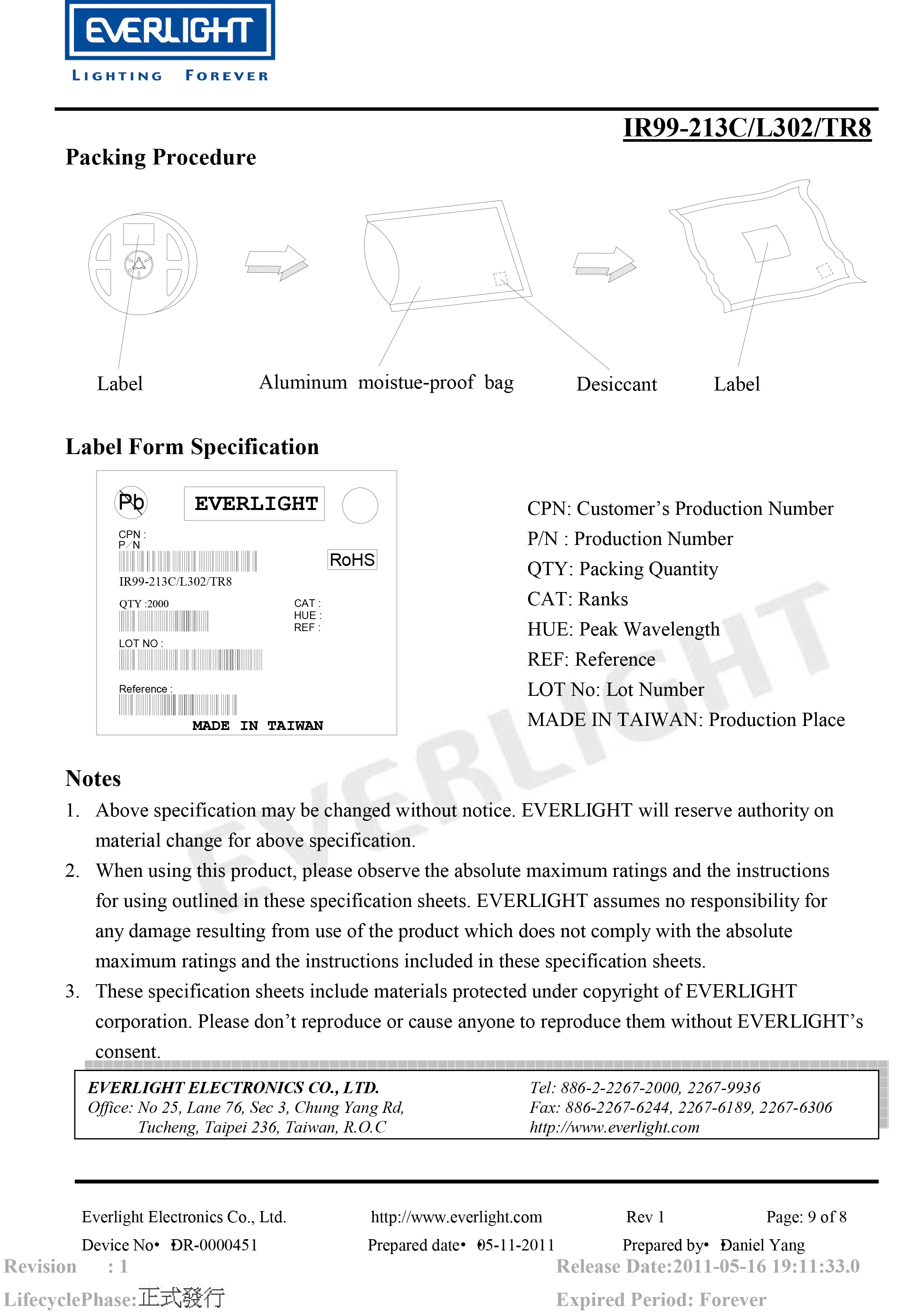亿光贴片020红外发射管IR99-213C/L302/TR8规格书PDF