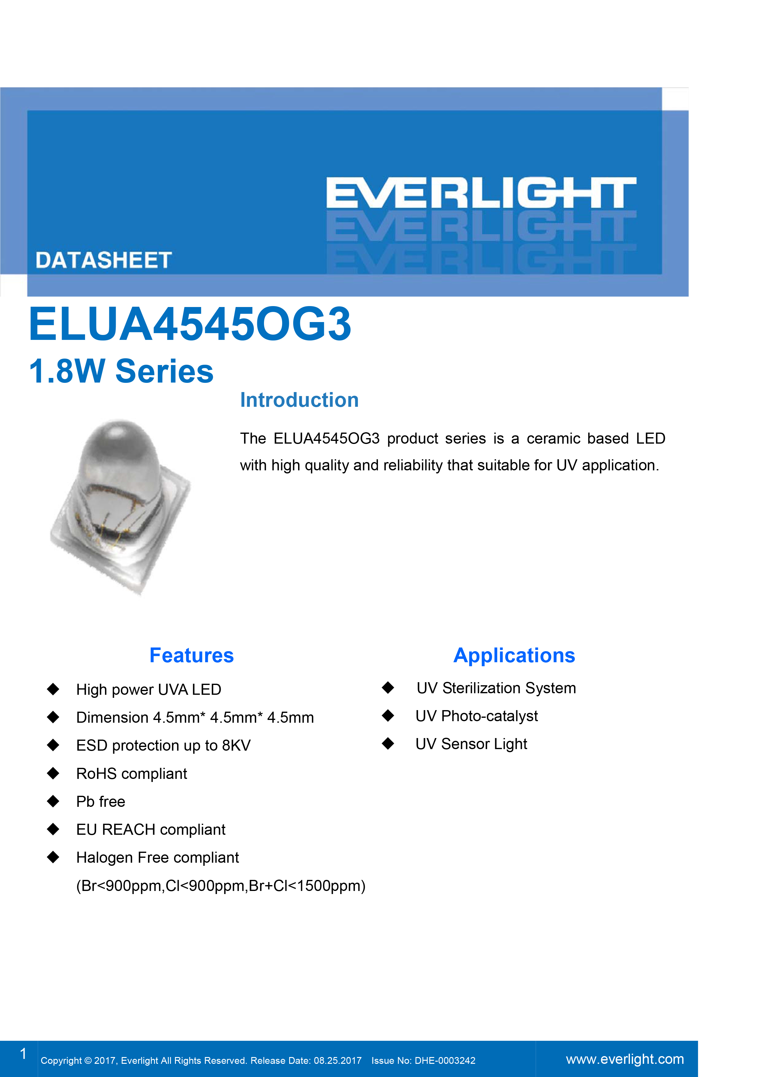 亿光1.8W紫光LED灯珠ELUA4545OG3-P6070U13241500-VD1M 规格书PDF