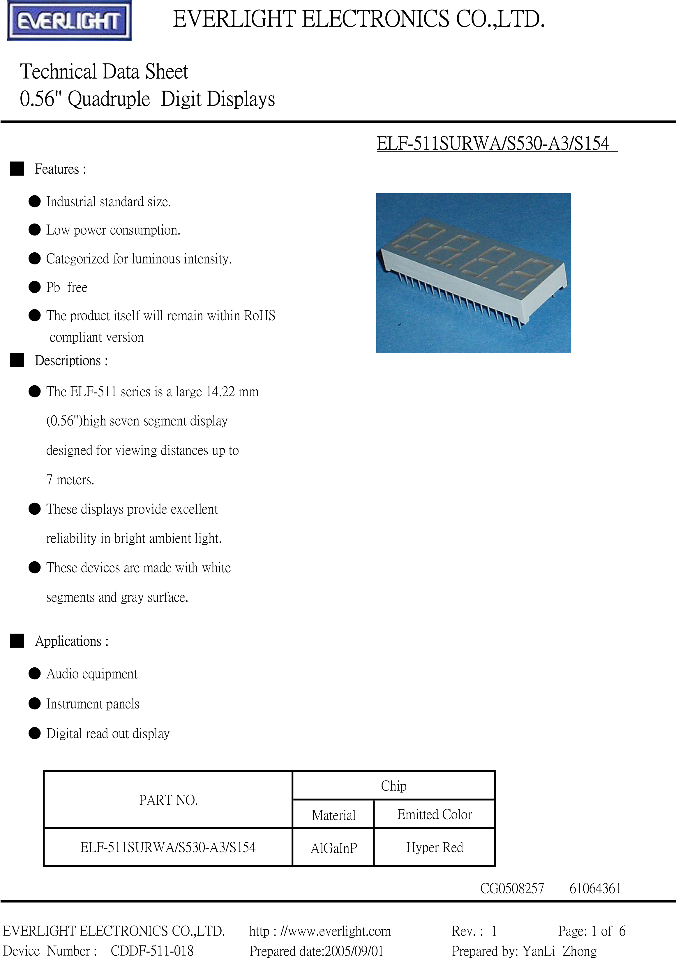 亿光四位直插数码管ELF-511SURWA/S530-A3/S154规格书PDF