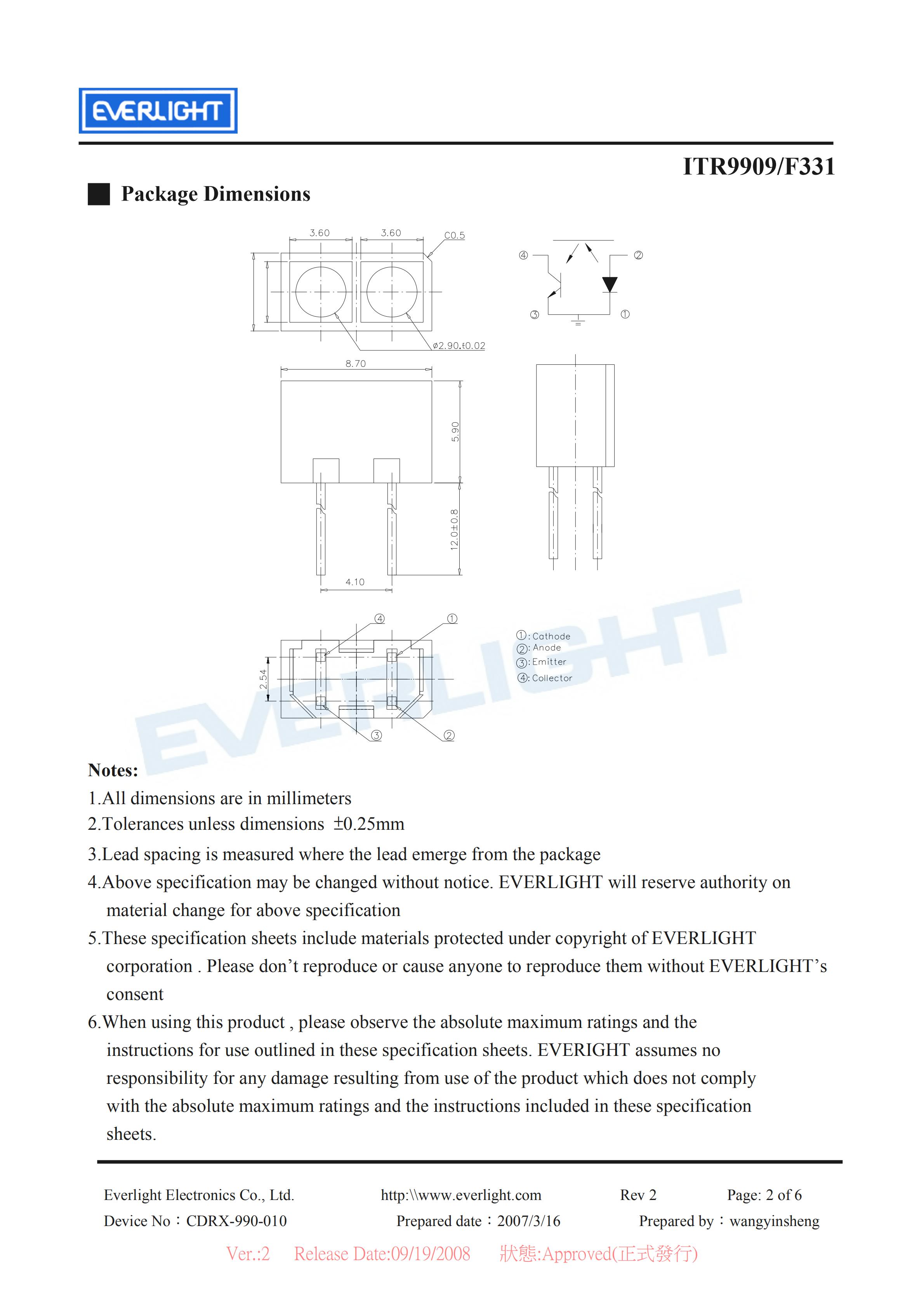 亿光反射式光电开关ITR9909-F331开关传感器参数及规格书(PDF 数据表)