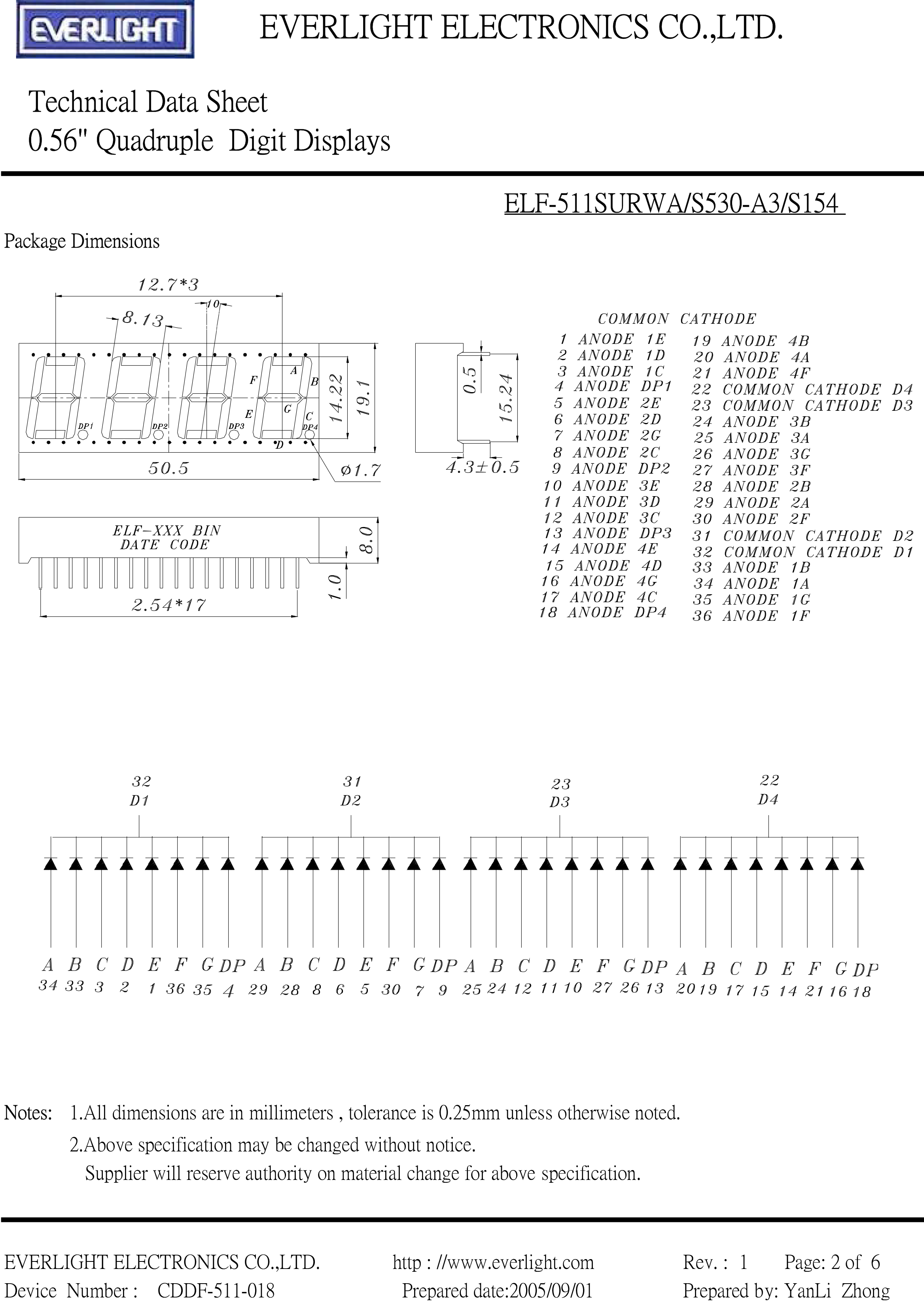 亿光四位直插数码管ELF-511SURWA/S530-A3/S154规格书PDF