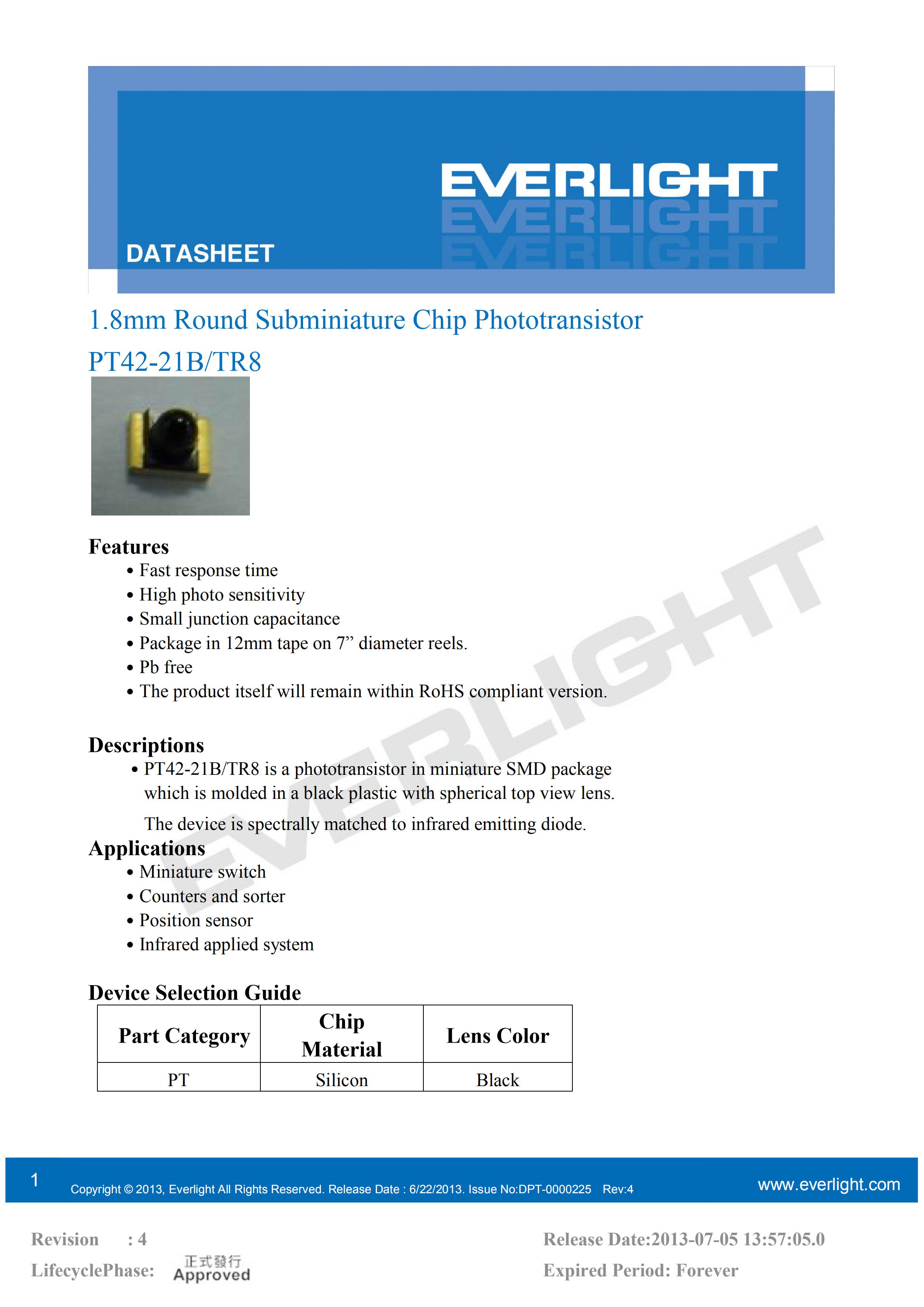 亿光贴片三极管红外接收管PT42-21B/TR8规格书PDF（数据表）