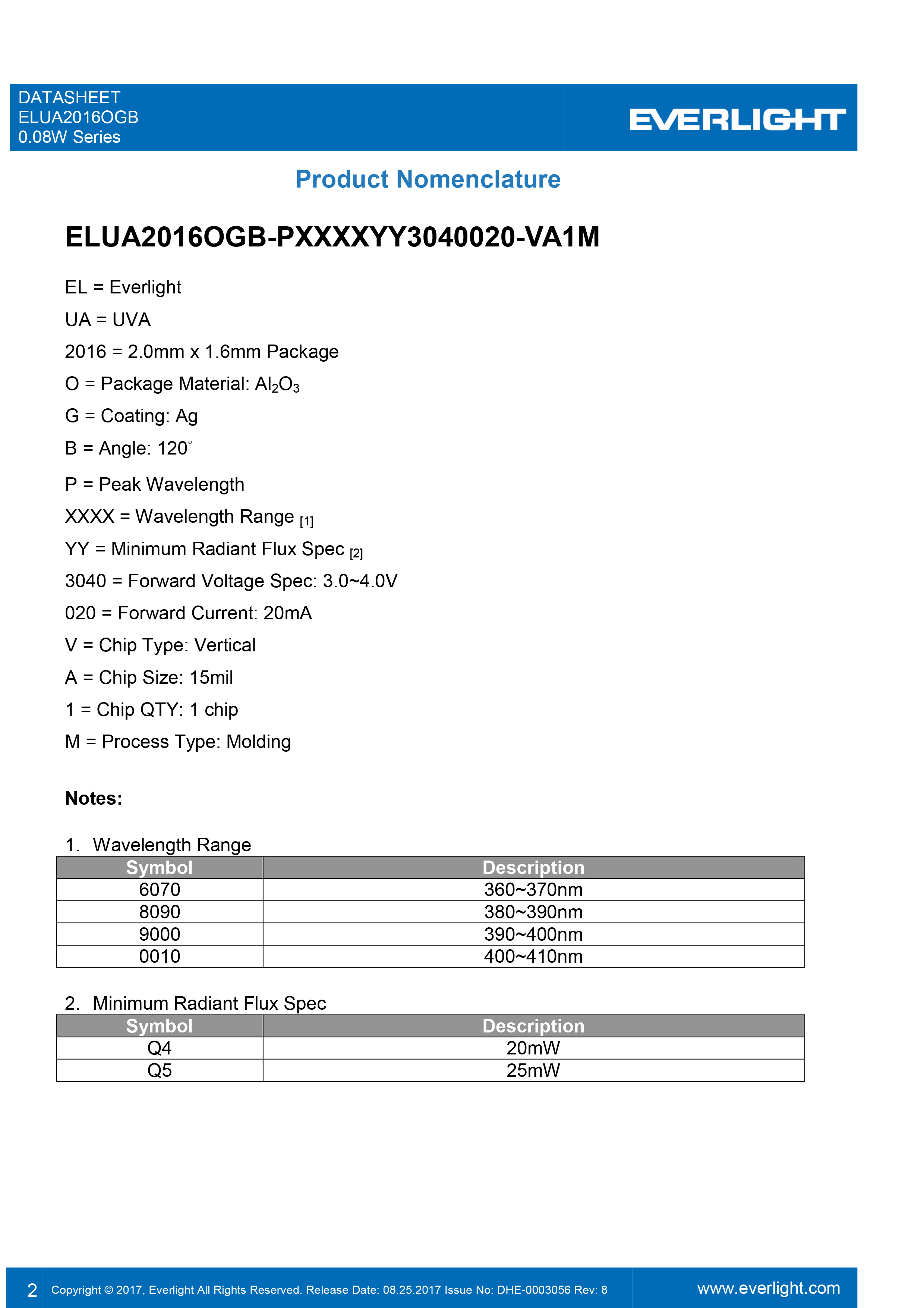 亿光 2016封装 0.08W UVA 紫光LED灯珠规格书PDF（数据表）
