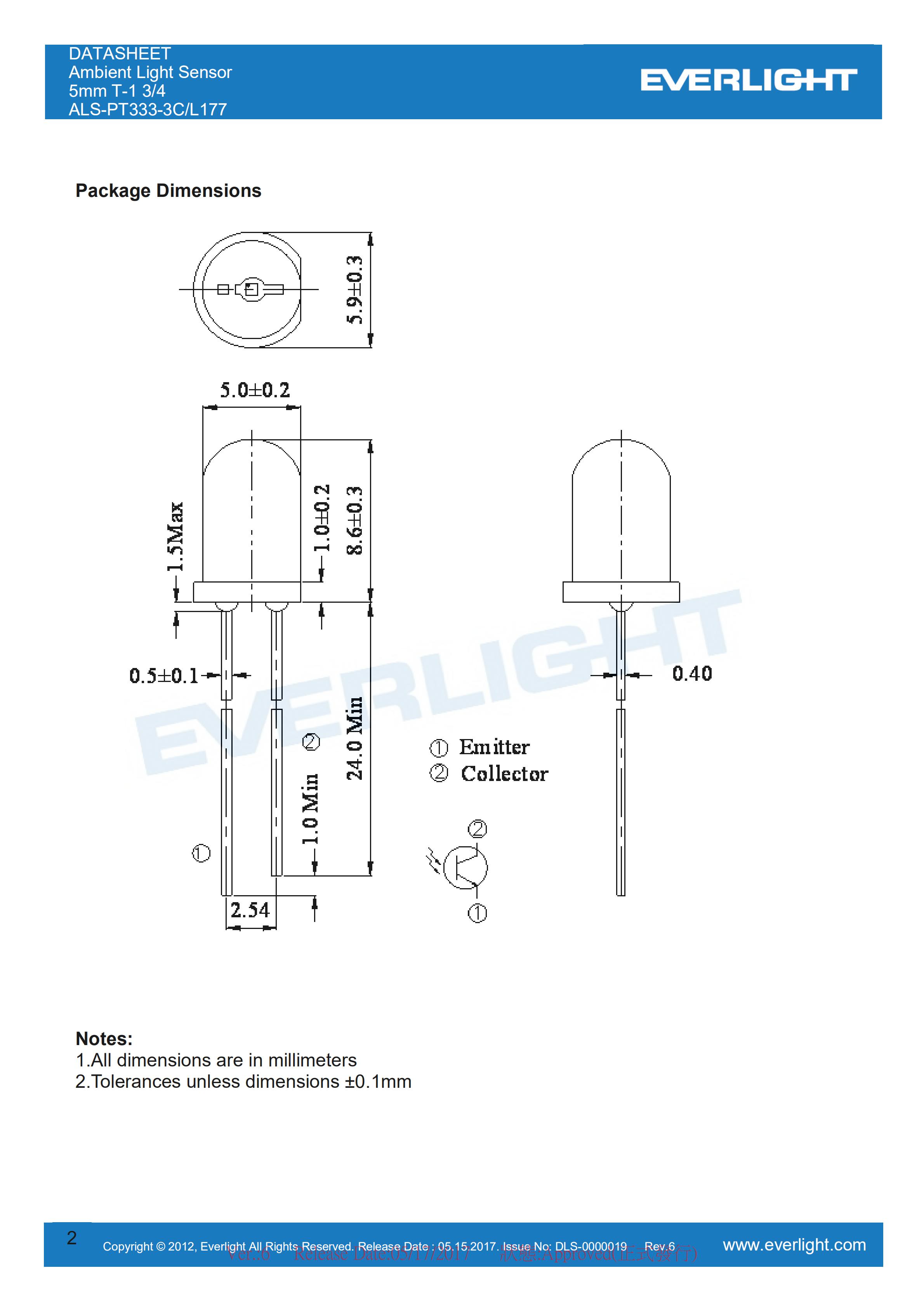 亿光环境光传感器ALS-PT333-3C光学传感器规格书（数据表PDF）