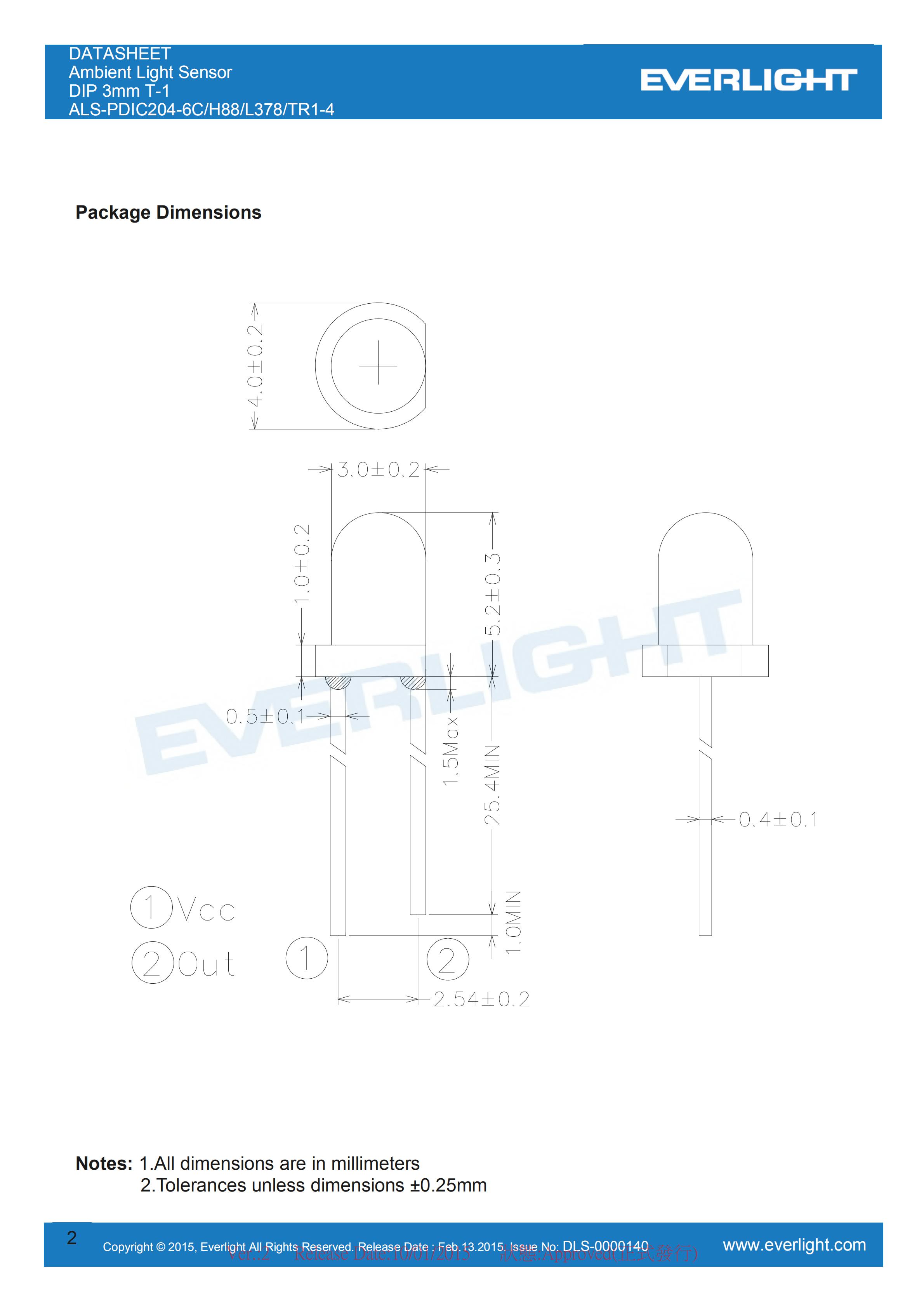 亿光环境光传感器插件ALS-PDIC204-6C/H88/L378/TR1-4规格书（数据表PDF）