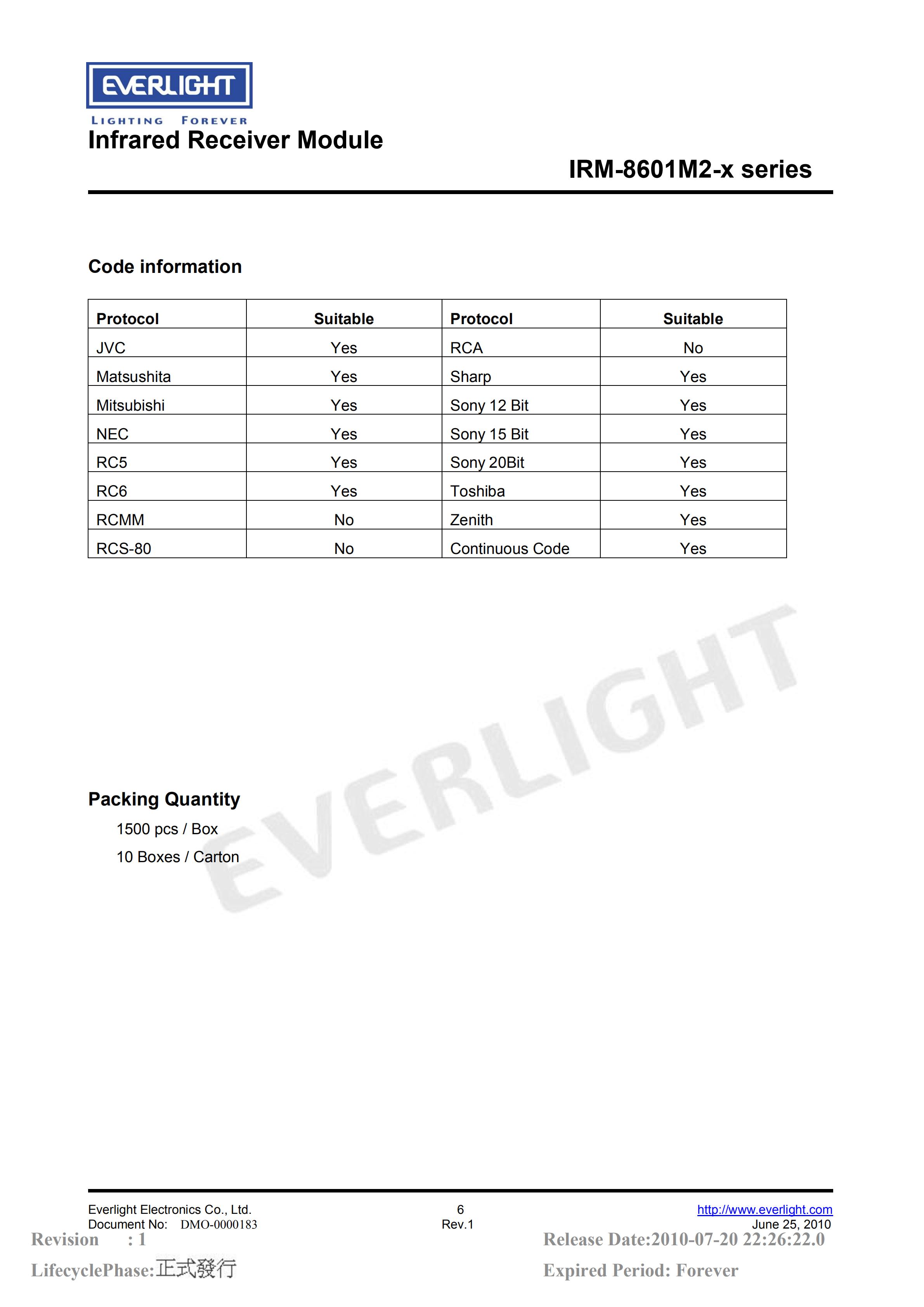 亿光直插红外接收头IRM-8601M2 38kHz规格书PDF（数据表）